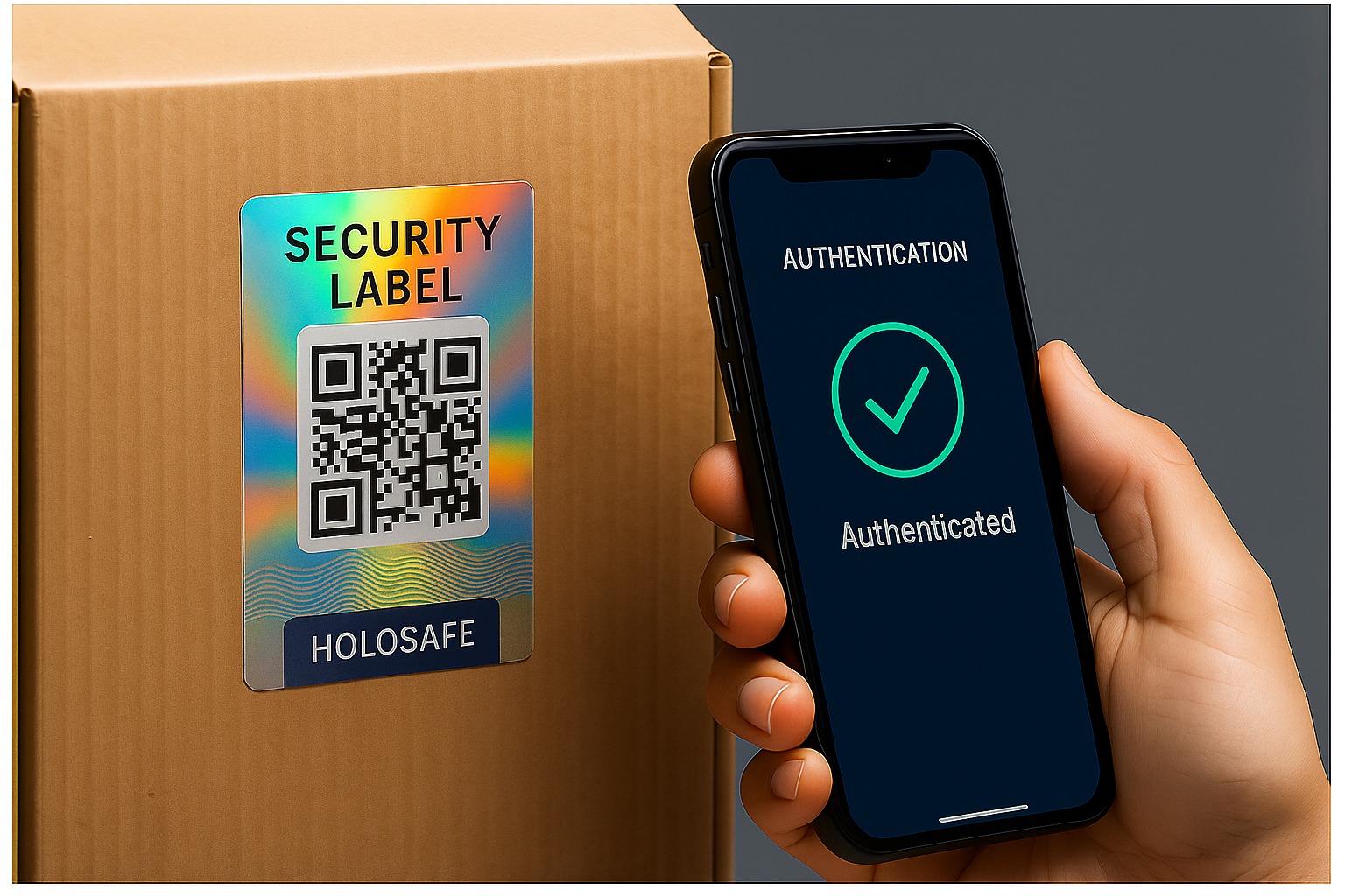 Multi-feature security label showing holographic elements, QR code, RFID chip and smartphone authentication